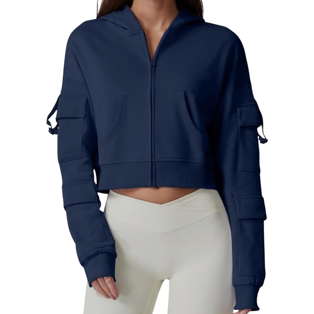 Qinsen Navy Blue Cropped Hoodie Women's XS‎